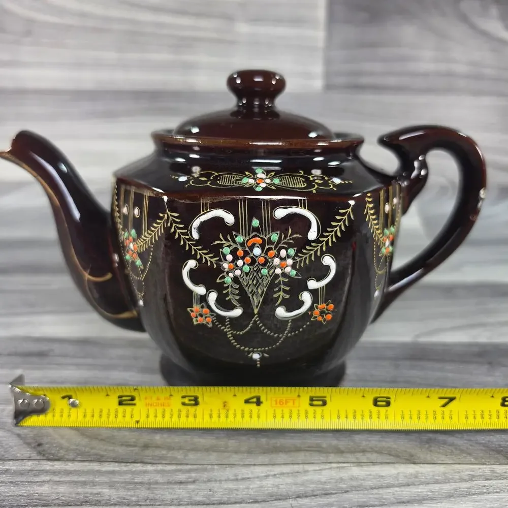 Vintage Japanese Dark Brown Teapot Hand Painted Raised Moriage Floral Gold Japan